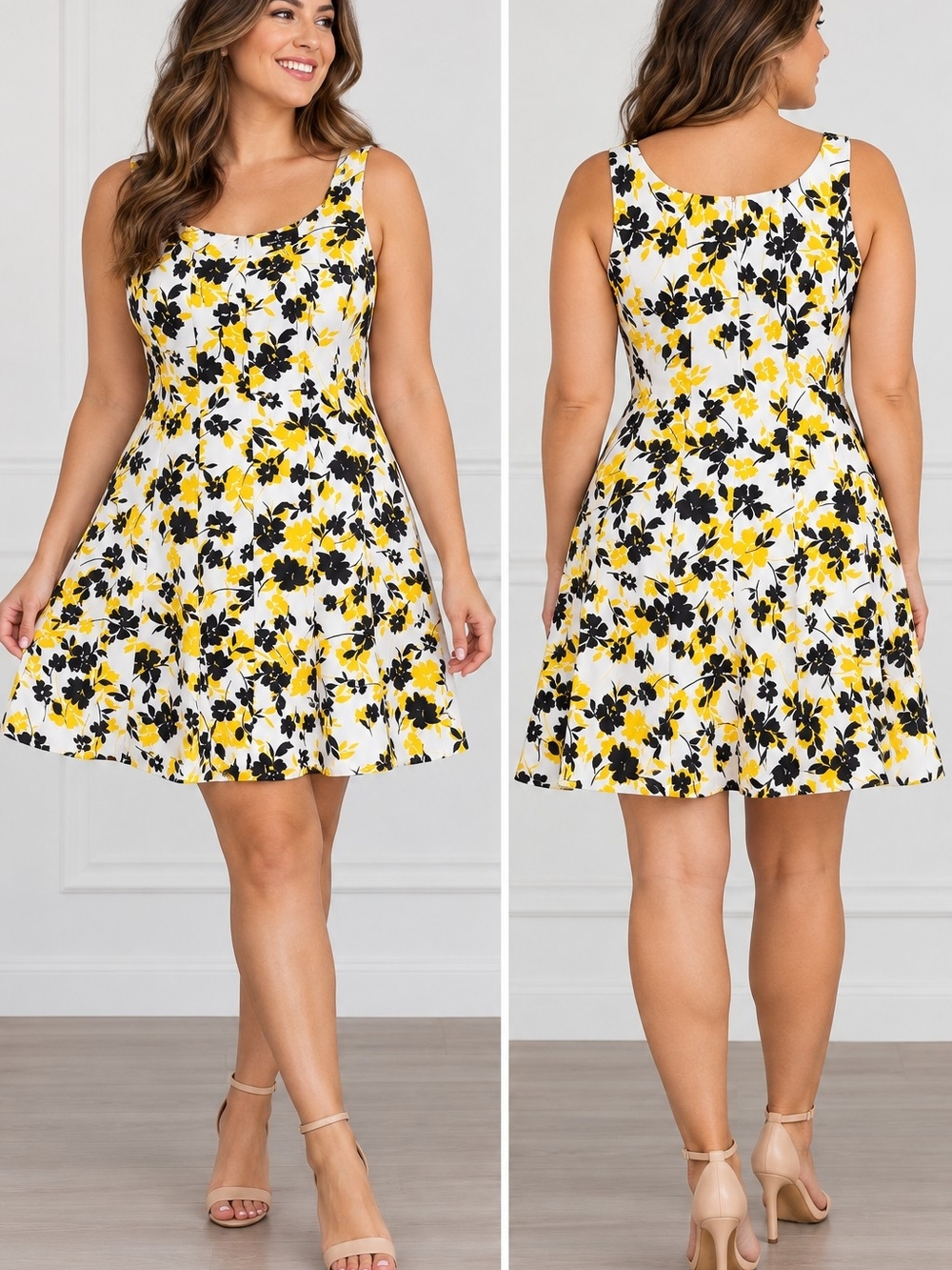 Ronni Nicole Floral Fit & Flare Mini Dress Yellow Black White Size 12